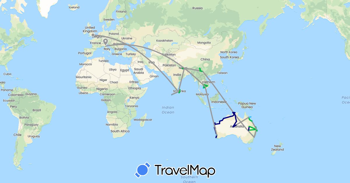 TravelMap itinerary: driving, bus, plane, hiking, boat, motorbike in Australia, China, United Kingdom, Italy, Cambodia, Sri Lanka, Maldives, Nepal (Asia, Europe, Oceania)
